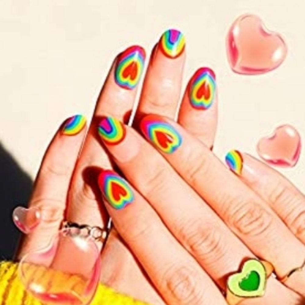 24 Pcs Press On Nails Kawaii Rainbow Hearts Almond Medium Length